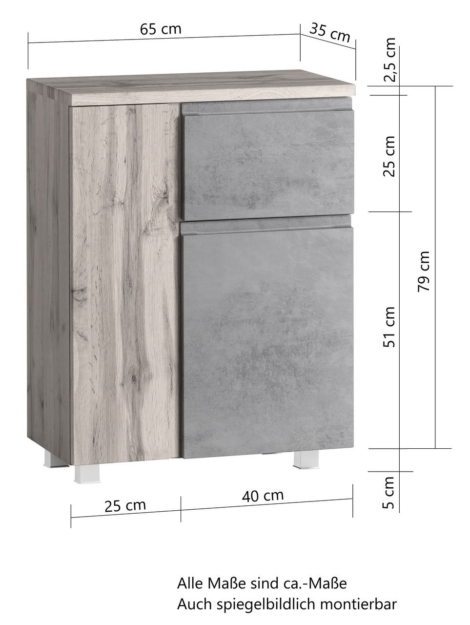 Unterschrank 65 cm in Holzoptik mit grauer Front, perspektivische Ansicht von vorne links