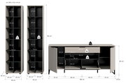 Frontansicht eines modernen Möbelsets in Beige/Greige mit schwarzem Innenraum: zwei hohe Regalschränke (ca. 45 × 192 × 35 cm) mit mehreren Fächern und ein Sideboard (ca. 185 × 80 × 41 cm) mit offenen Türen, Klappe und Schublade, inklusive Maßangaben und B