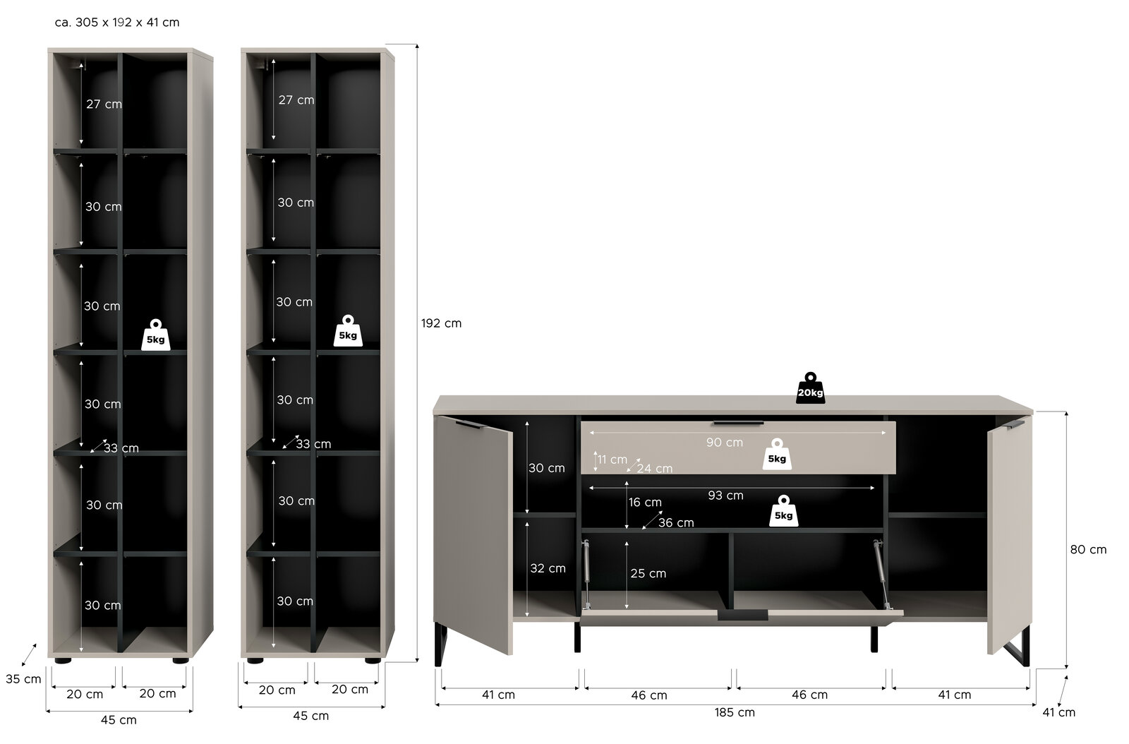 Frontansicht eines modernen Möbelsets in Beige/Greige mit schwarzem Innenraum: zwei hohe Regalschränke (ca. 45 × 192 × 35 cm) mit mehreren Fächern und ein Sideboard (ca. 185 × 80 × 41 cm) mit offenen Türen, Klappe und Schublade, inklusive Maßangaben und B