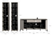 Frontansicht eines modernen Möbelsets in Beige/Greige mit schwarzem Innenraum: zwei hohe Regalschränke (ca. 45 × 192 × 35 cm) mit mehreren Fächern und ein Sideboard (ca. 185 × 80 × 41 cm) mit offenen Türen, Klappe und Schublade, inklusive Maßangaben und B