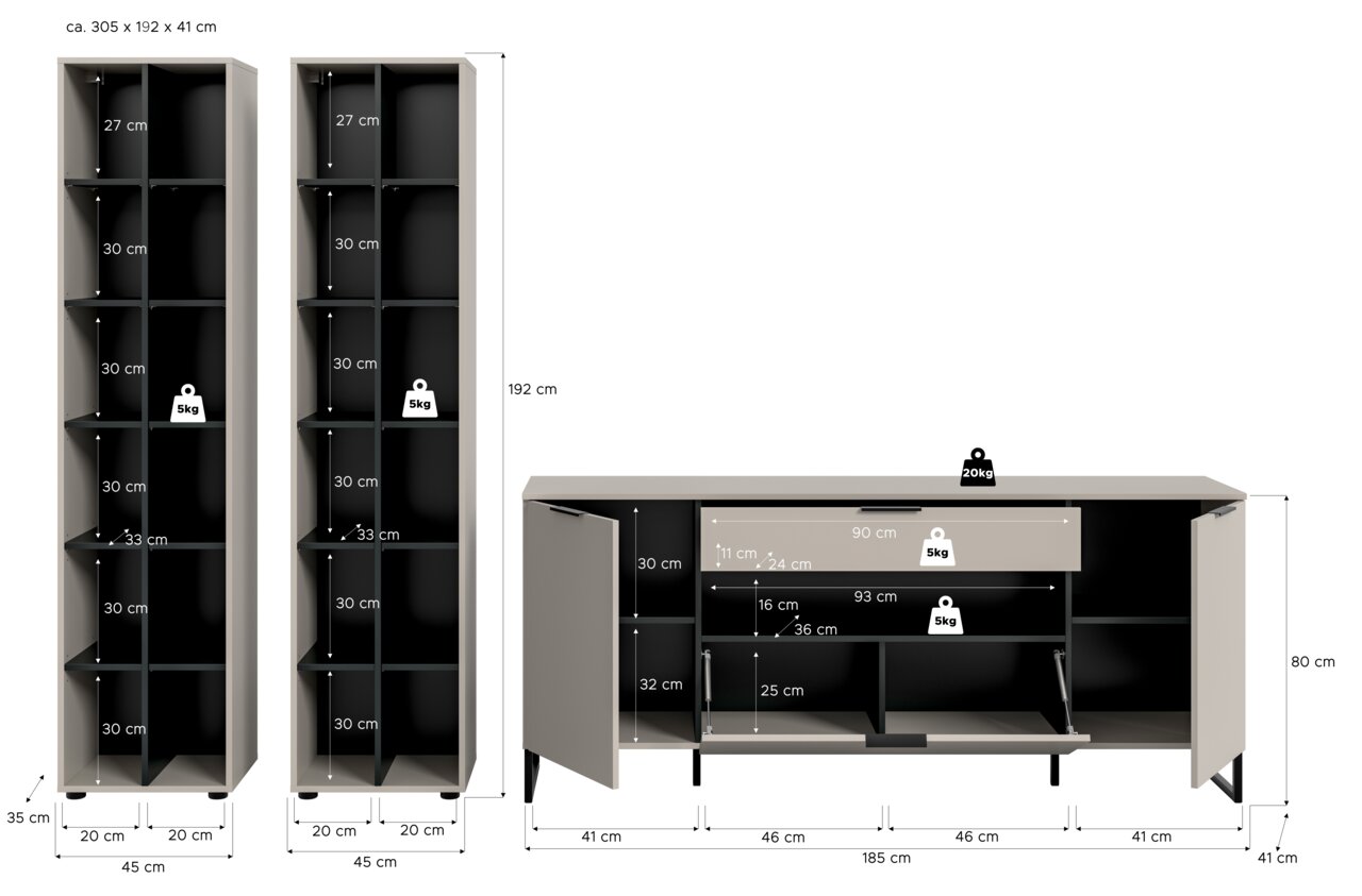 Frontansicht eines modernen Möbelsets in Beige/Greige mit schwarzem Innenraum: zwei hohe Regalschränke (ca. 45 × 192 × 35 cm) mit mehreren Fächern und ein Sideboard (ca. 185 × 80 × 41 cm) mit offenen Türen, Klappe und Schublade, inklusive Maßangaben und B