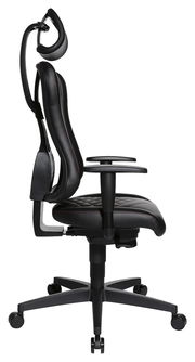 Seitliche Ansicht eines ergonomischen Gaming-Stuhls mit Kopfstütze und Armlehnen, schwarzes Design mit roten Nähten.