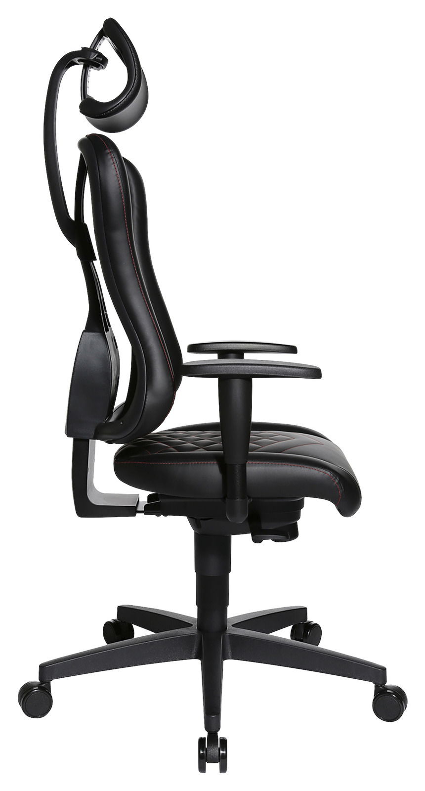 Seitliche Ansicht eines ergonomischen Gaming-Stuhls mit Kopfstütze und Armlehnen, schwarzes Design mit roten Nähten.