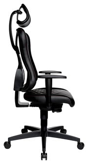 Seitliche Ansicht eines ergonomischen Gaming-Stuhls mit Kopfstütze und Armlehnen, schwarzes Design mit roten Nähten.