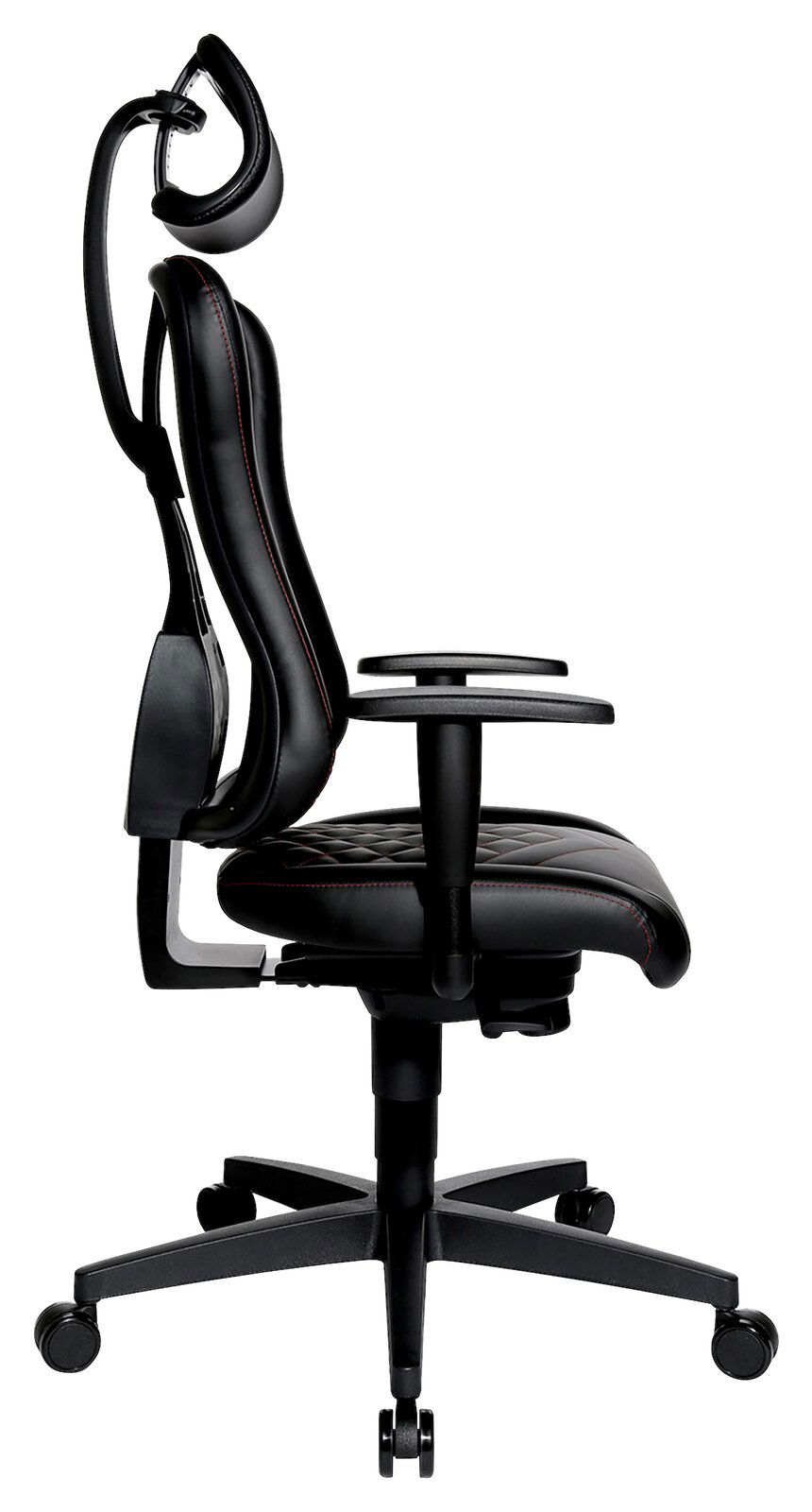 Seitliche Ansicht eines ergonomischen Gaming-Stuhls mit Kopfstütze und Armlehnen, schwarzes Design mit roten Nähten.