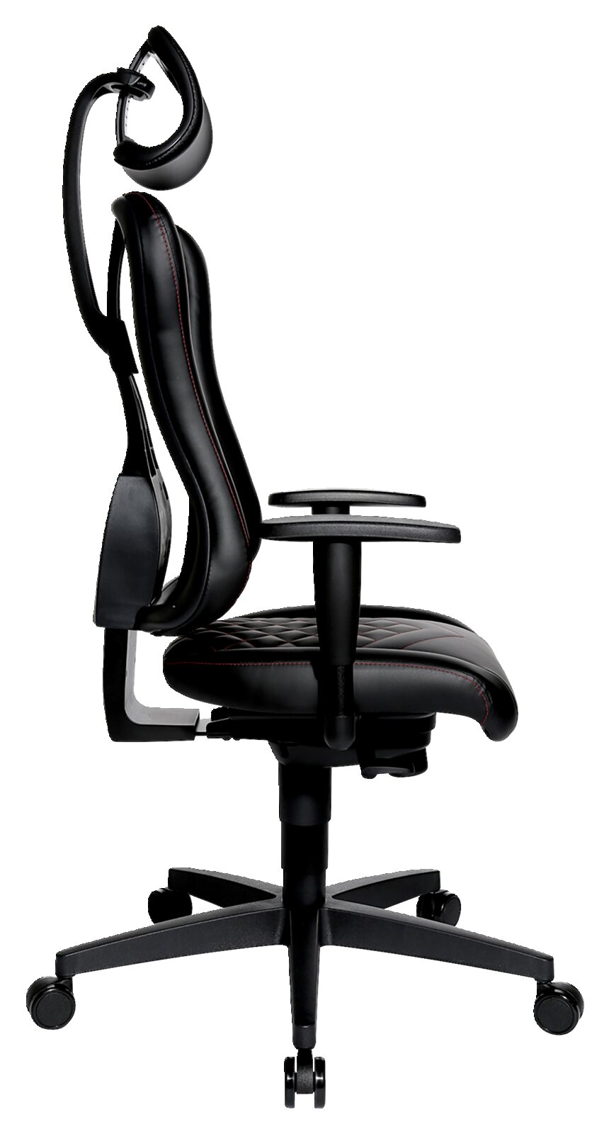 Seitliche Ansicht eines ergonomischen Gaming-Stuhls mit Kopfstütze und Armlehnen, schwarzes Design mit roten Nähten.