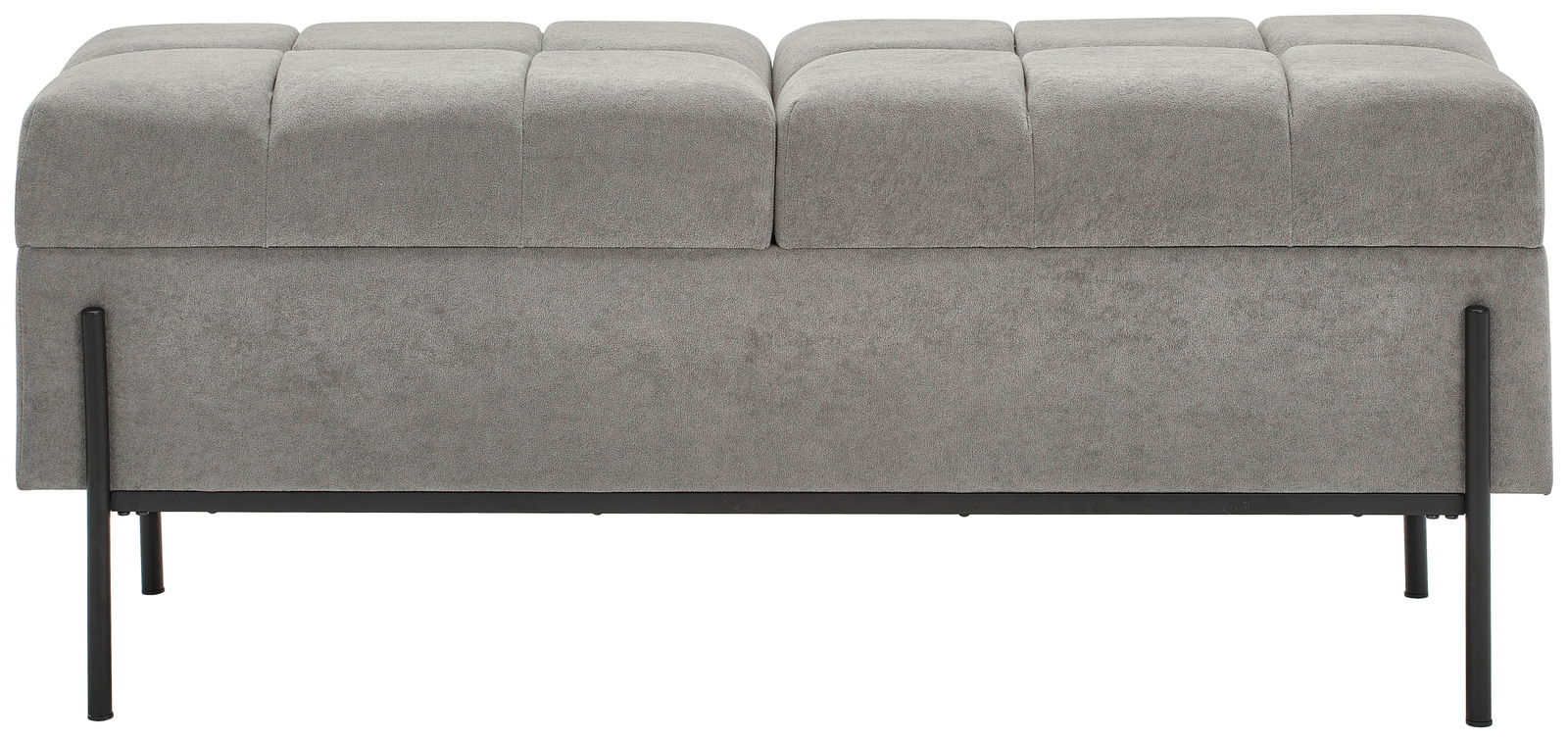 Graue Hockerbank mit Stauraum, Vorderansicht, gepolsterte Sitzfläche und schwarze Metallbeine.