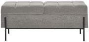 Graue Hockerbank mit Stauraum, Vorderansicht, gepolsterte Sitzfläche und schwarze Metallbeine.