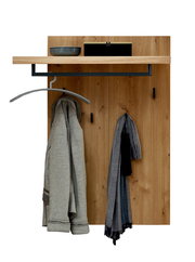 Garderobenpaneel aus Holz mit Überstand links, inklusive Kleiderhaken, Kleiderstange und Ablage. Frontalansicht.