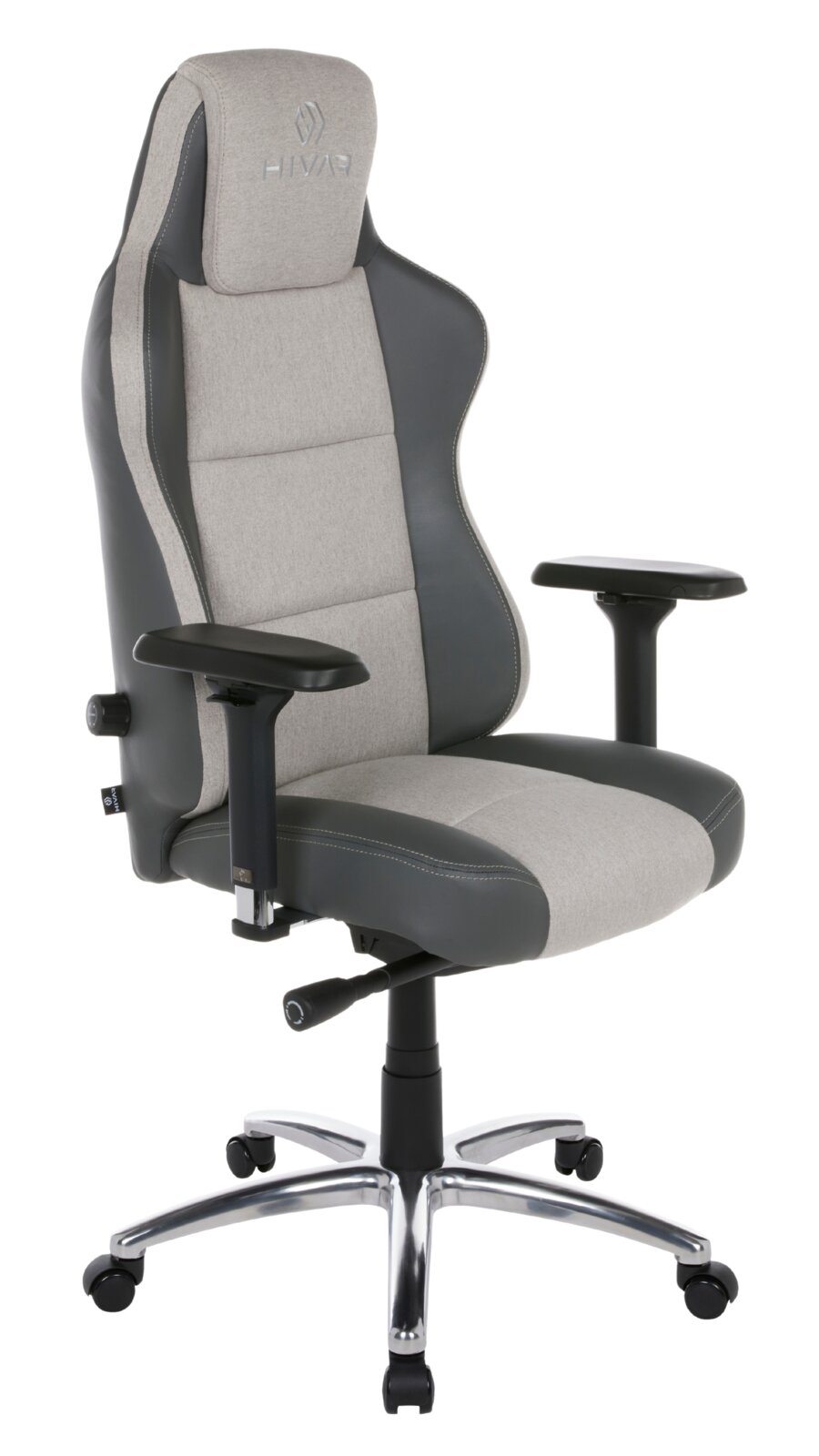 Grauer Gaming Stuhl mit verstellbaren Armlehnen und ergonomischem Design, seitliche Perspektive