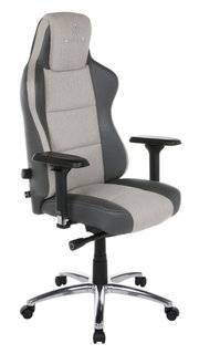 Grauer Gaming Stuhl mit verstellbaren Armlehnen und ergonomischem Design, seitliche Perspektive