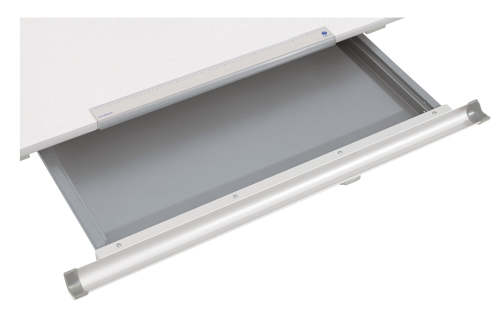 Paidi Schubkastenauszug DIEGO GT Schubkastenauszug in seitlicher Perspektive, teilweise geöffnet, mit grauer Innenfläche und silbernem Griff.