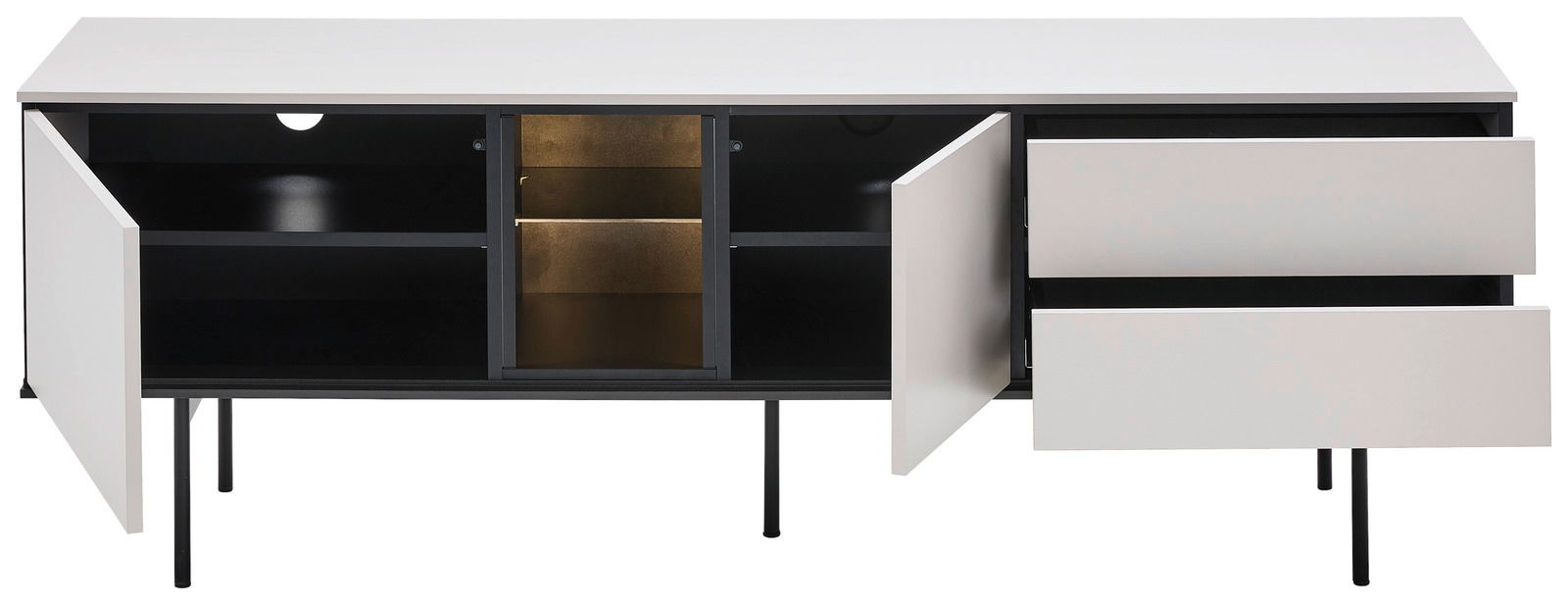 Modernes TV-Lowboard mit offenen Türen und Schubladen, Frontalansicht
