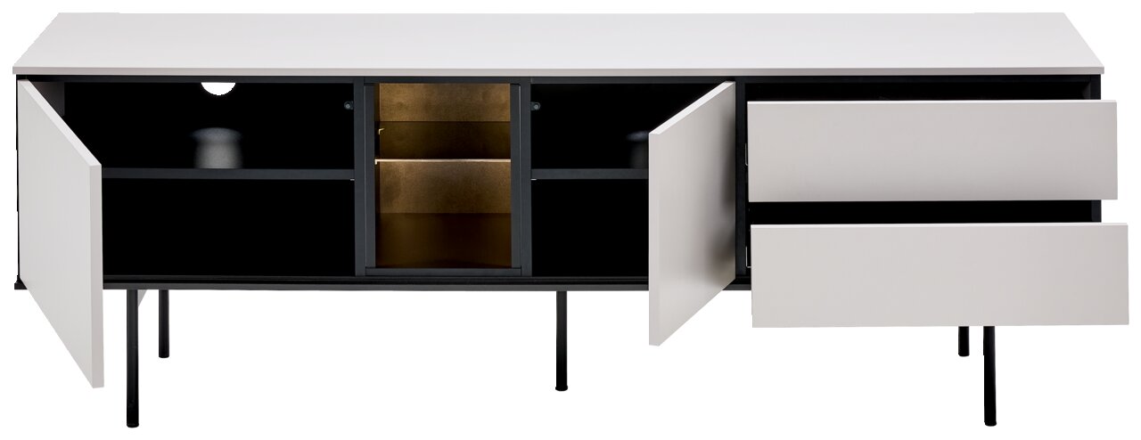 Modernes TV-Lowboard mit offenen Türen und Schubladen, Frontalansicht