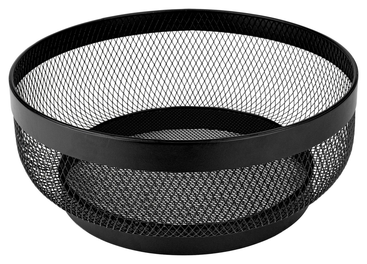 Schwarzer Metallkorb mit Gitterdesign, seitliche Perspektive