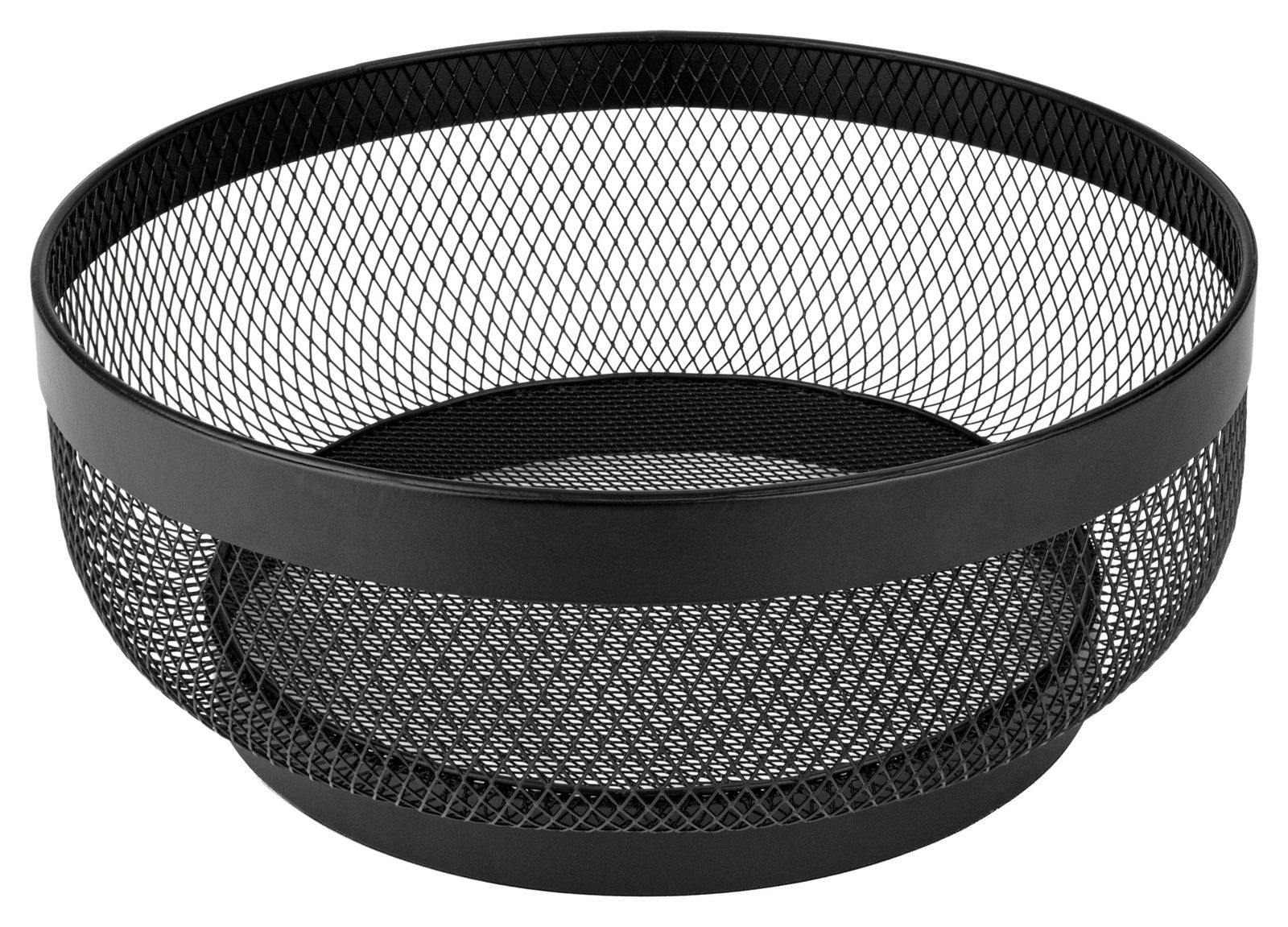 Schwarzer Metallkorb mit Gitterdesign, seitliche Perspektive