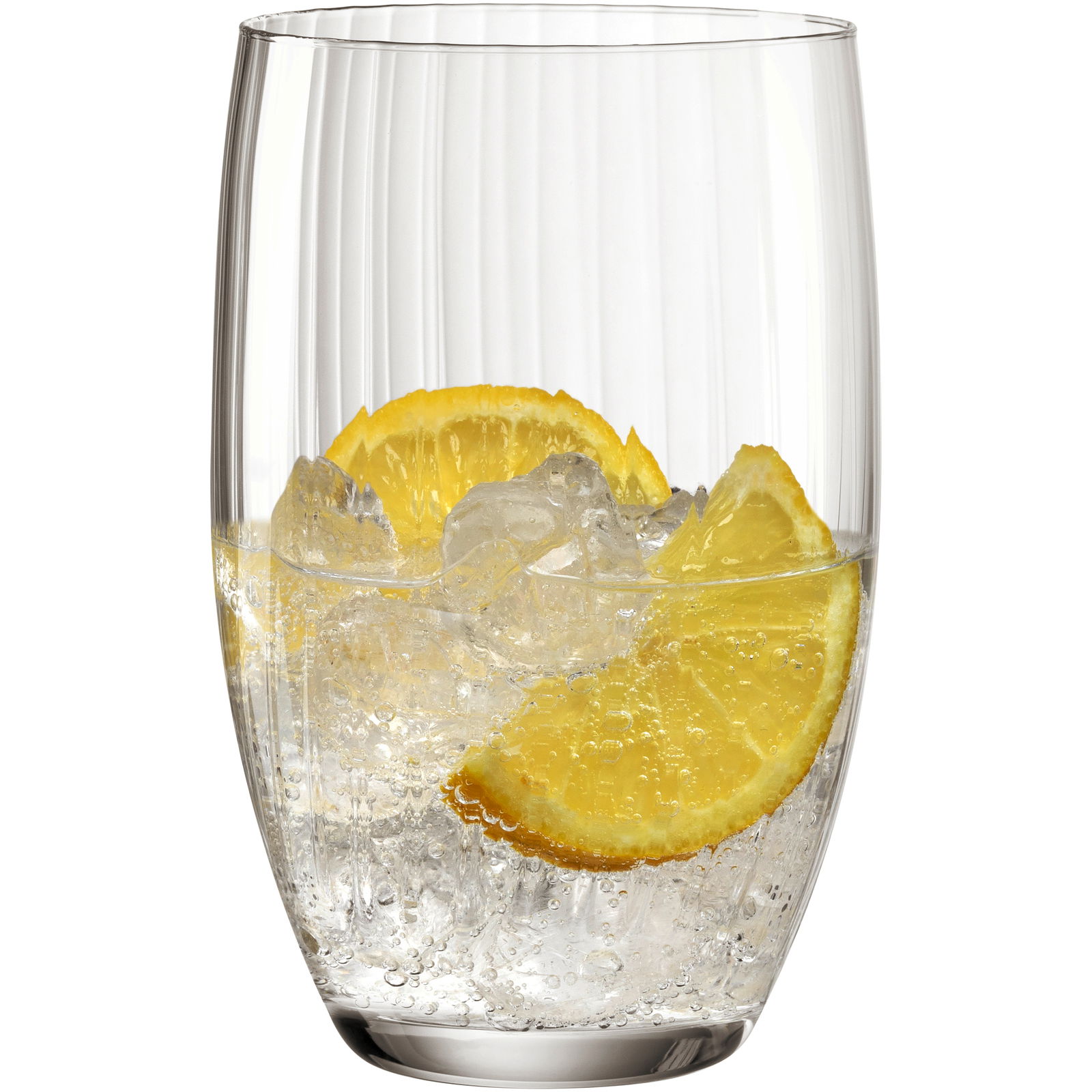 Leonardo Longdrinkbecher POESIA Trinkglas POESIA grau 460ml mit Eiswürfeln und Zitronenscheiben, seitliche Perspektive