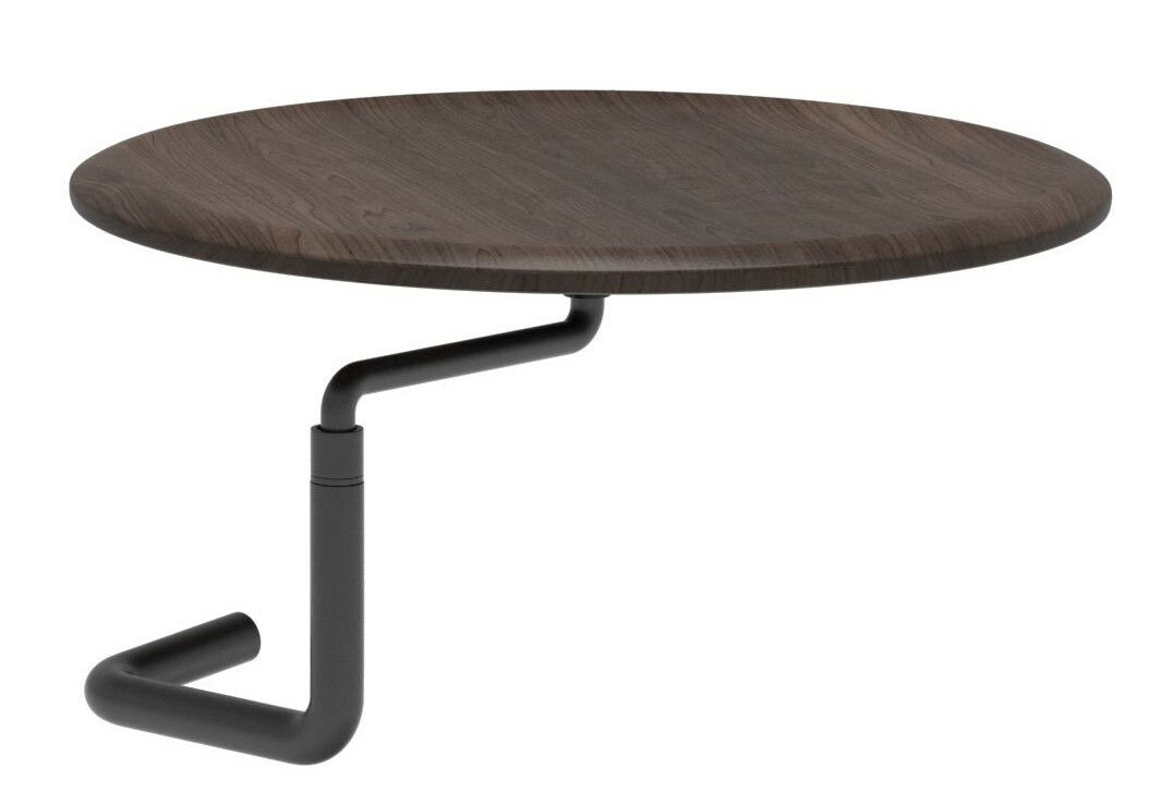 Runder Holztisch mit schwarzem Metallgestell, seitliche Perspektive