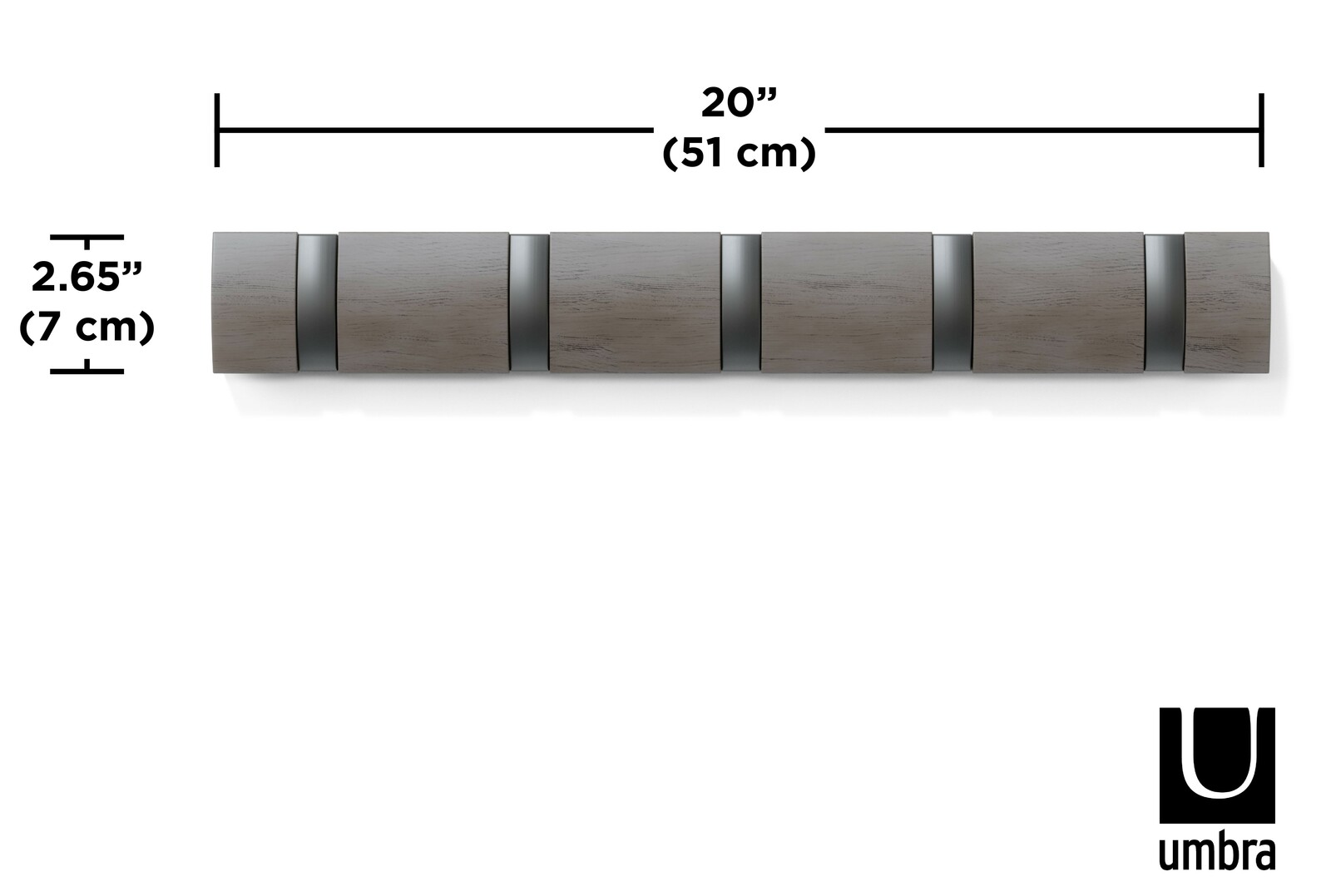 Moderne Wandgarderobe aus Holz mit sechs Haken, 51 cm lang, aus der Vogelperspektive.