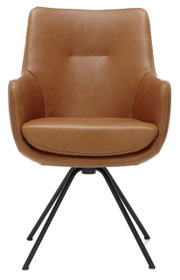 Moderne bruine leren fauteuil met zwart metalen frame, vooraanzicht
