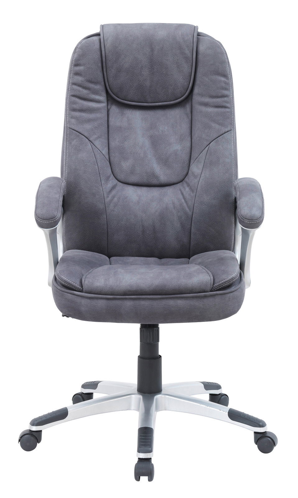 Grauer Chefsessel aus der Vorderansicht mit gepolsterter Rückenlehne und Armlehnen.