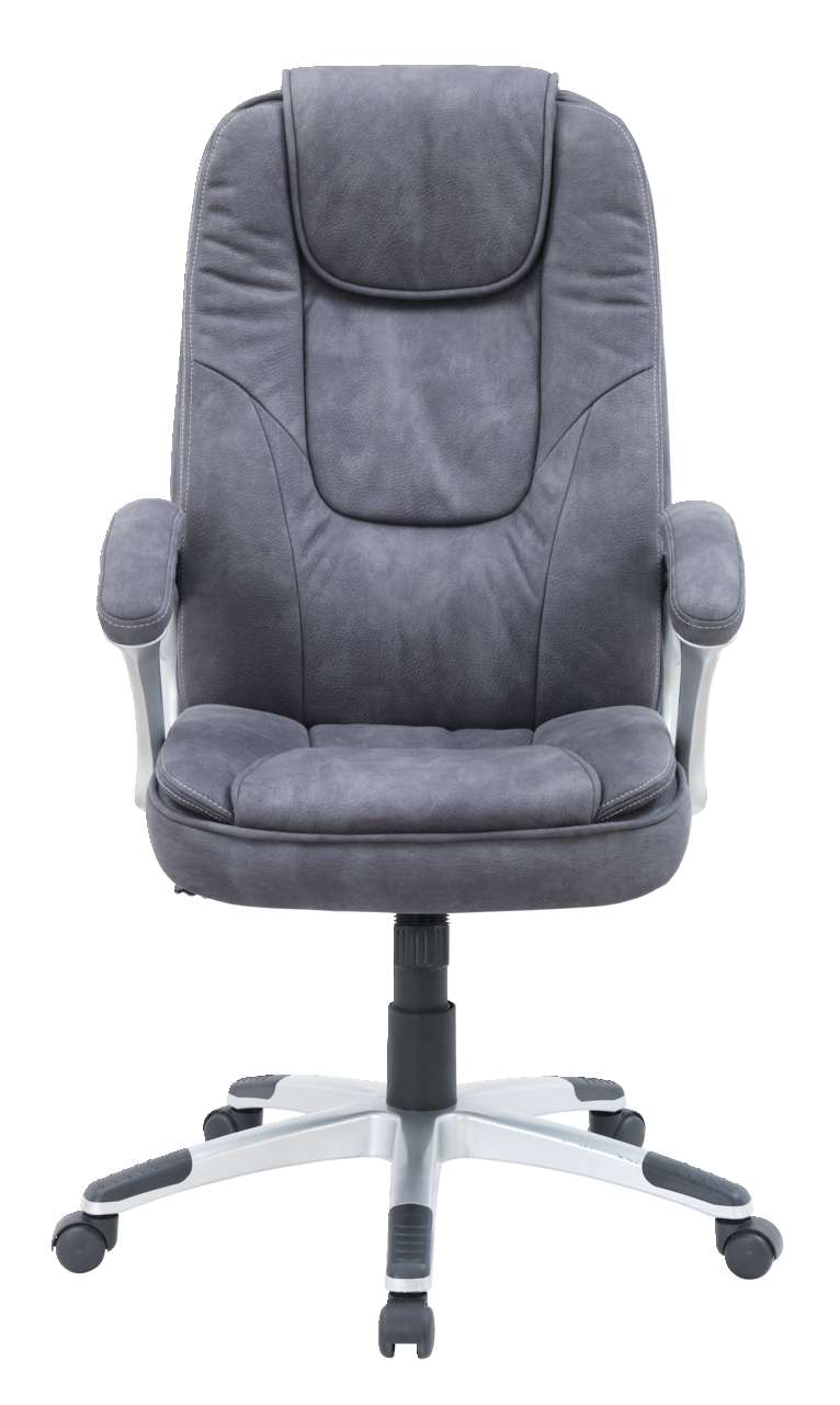 Grauer Chefsessel aus der Vorderansicht mit gepolsterter Rückenlehne und Armlehnen.