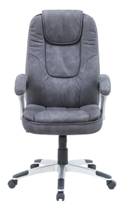 Grauer Chefsessel aus der Vorderansicht mit gepolsterter Rückenlehne und Armlehnen.