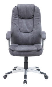 Grauer Chefsessel aus der Vorderansicht mit gepolsterter Rückenlehne und Armlehnen.