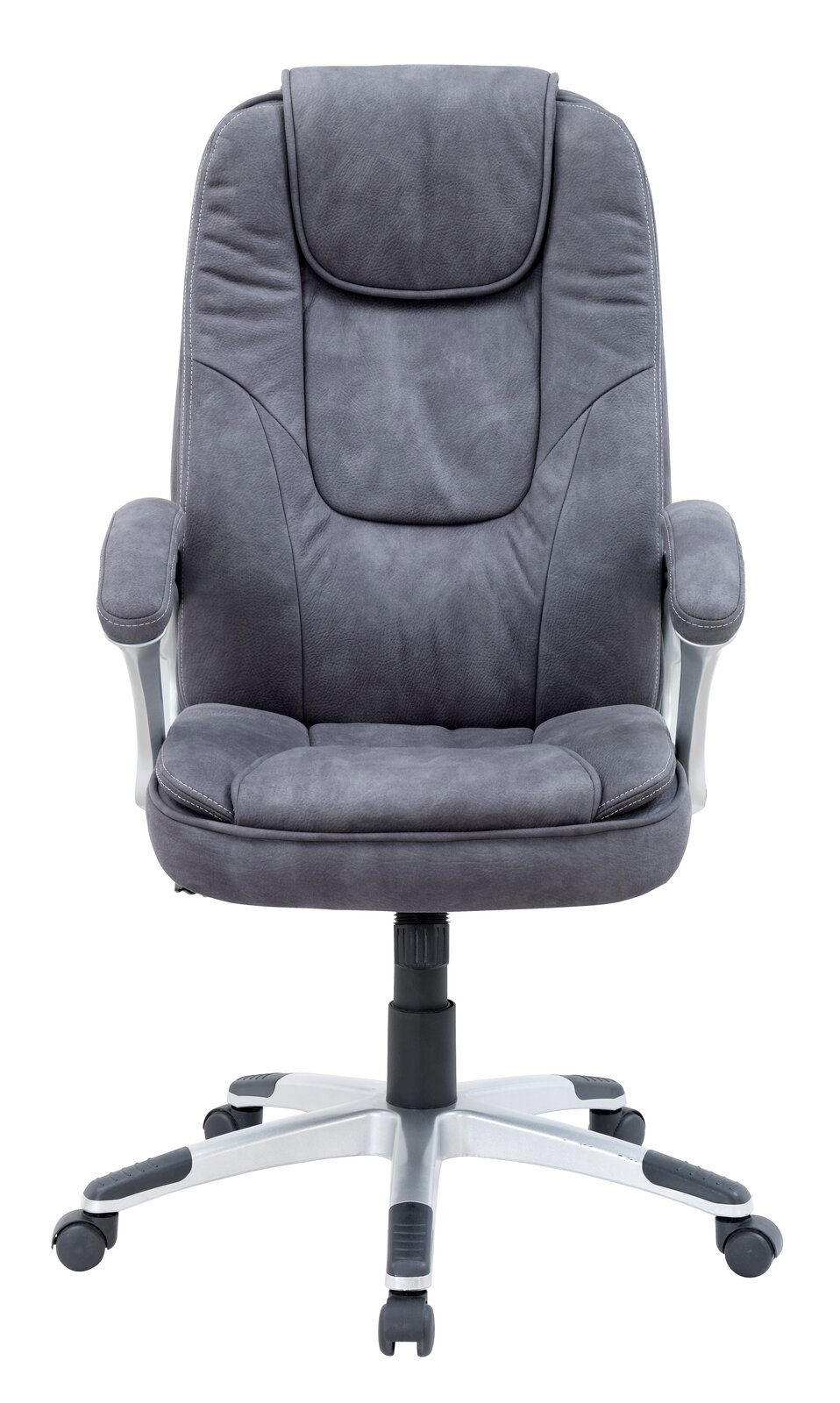 Grauer Chefsessel aus der Vorderansicht mit gepolsterter Rückenlehne und Armlehnen.