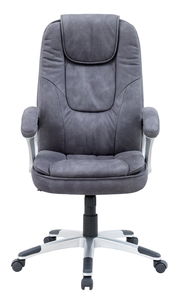 Grauer Chefsessel aus der Vorderansicht mit gepolsterter Rückenlehne und Armlehnen.