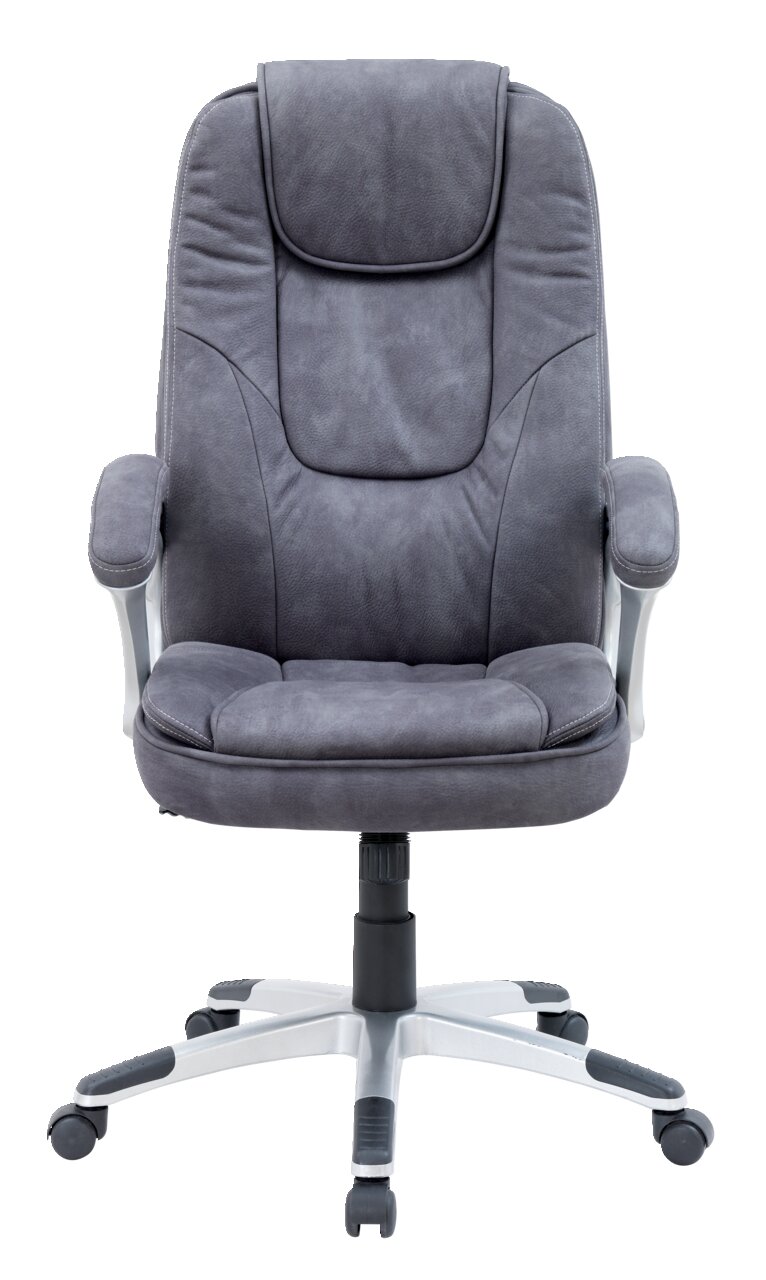 Grauer Chefsessel aus der Vorderansicht mit gepolsterter Rückenlehne und Armlehnen.