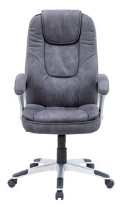 Grauer Chefsessel aus der Vorderansicht mit gepolsterter Rückenlehne und Armlehnen.