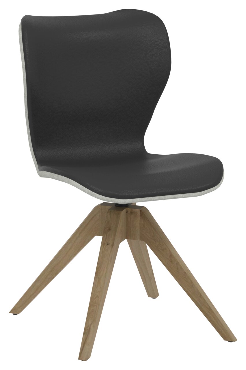 Moderner gepolsterter Stuhl mit schwarzem Sitz und Holzbeinen, seitliche Perspektive
