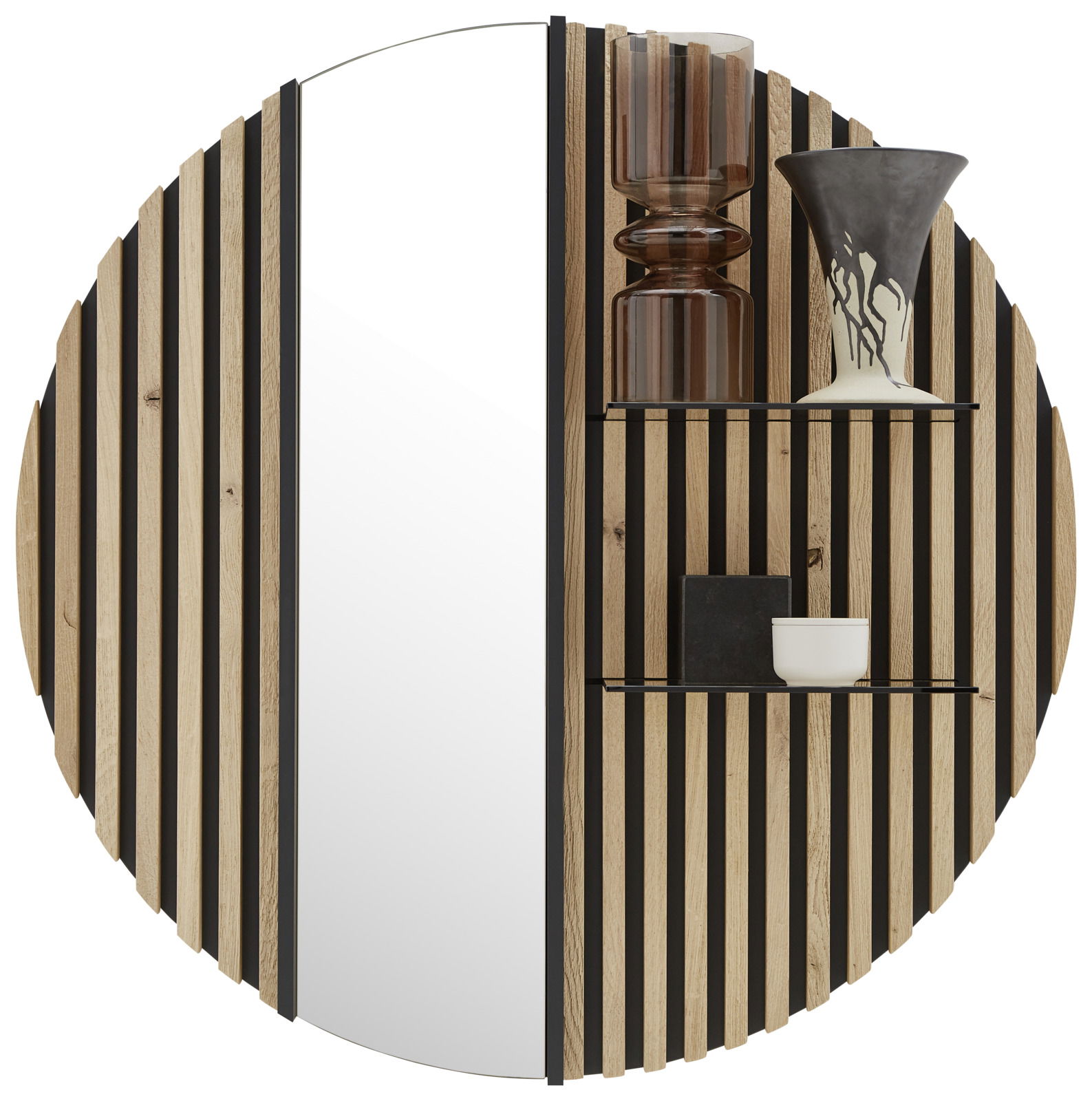 Rundes Hängepaneel mit vertikalen Holzstreifen und Glas auf der linken Seite, dekoriert mit Vasen und einem Becher, Frontalansicht.