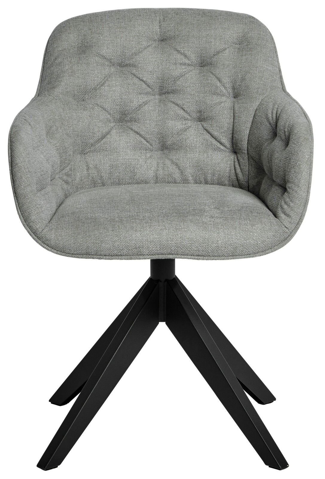 Grauer, gepolsterter Stuhl mit Armlehnen und schwarzem Metallgestell, Frontalansicht