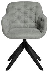 Grauer, gepolsterter Stuhl mit Armlehnen und schwarzem Metallgestell, Frontalansicht