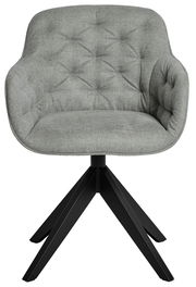 Grauer, gepolsterter Stuhl mit Armlehnen und schwarzem Metallgestell, Frontalansicht