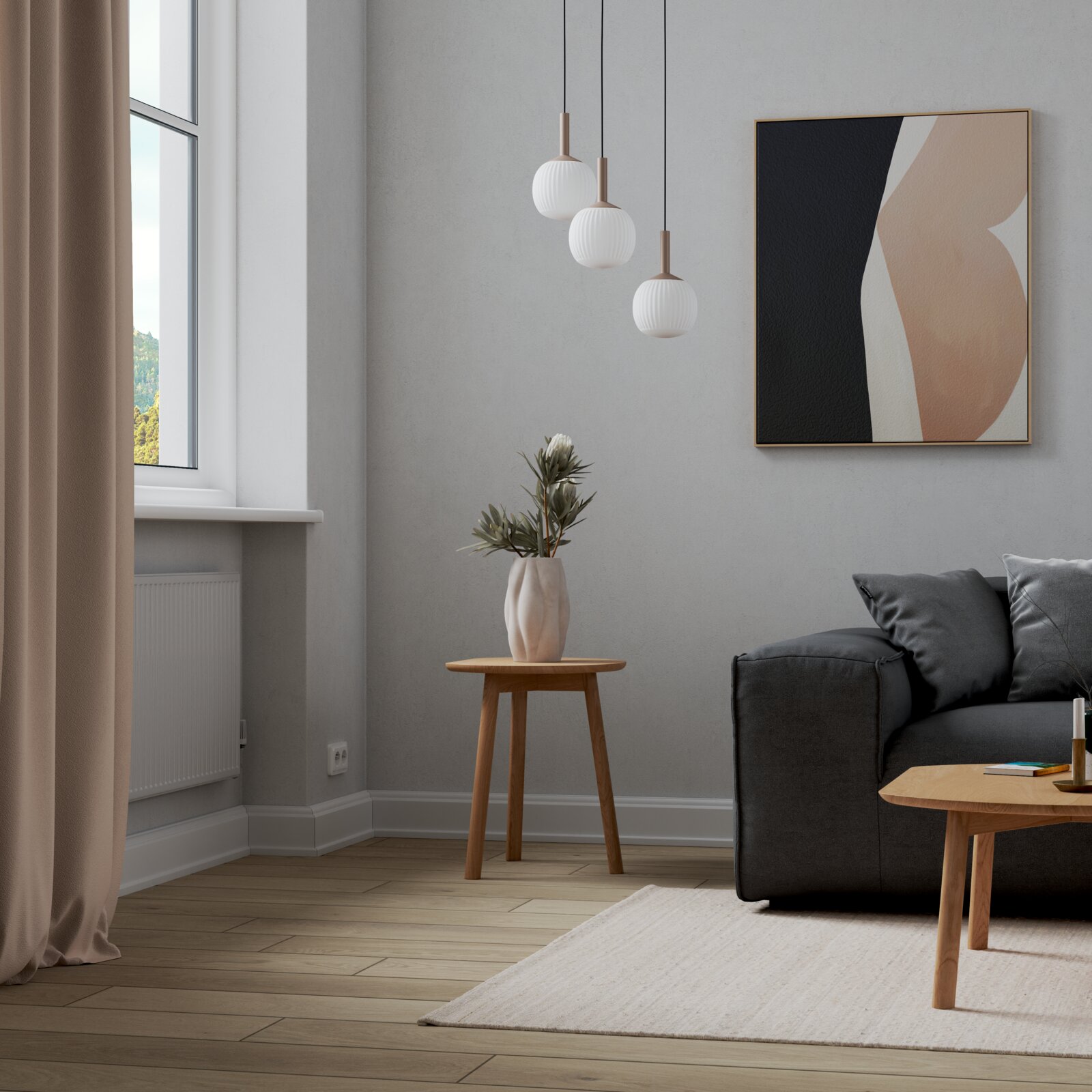 Modernes Wohnzimmer mit grauem Sofa, Holz-Beistelltisch und Vase, drei weißen Pendelleuchten und abstraktem Wandbild Perspektive: seitliche Raumansicht auf Augenhöhe.