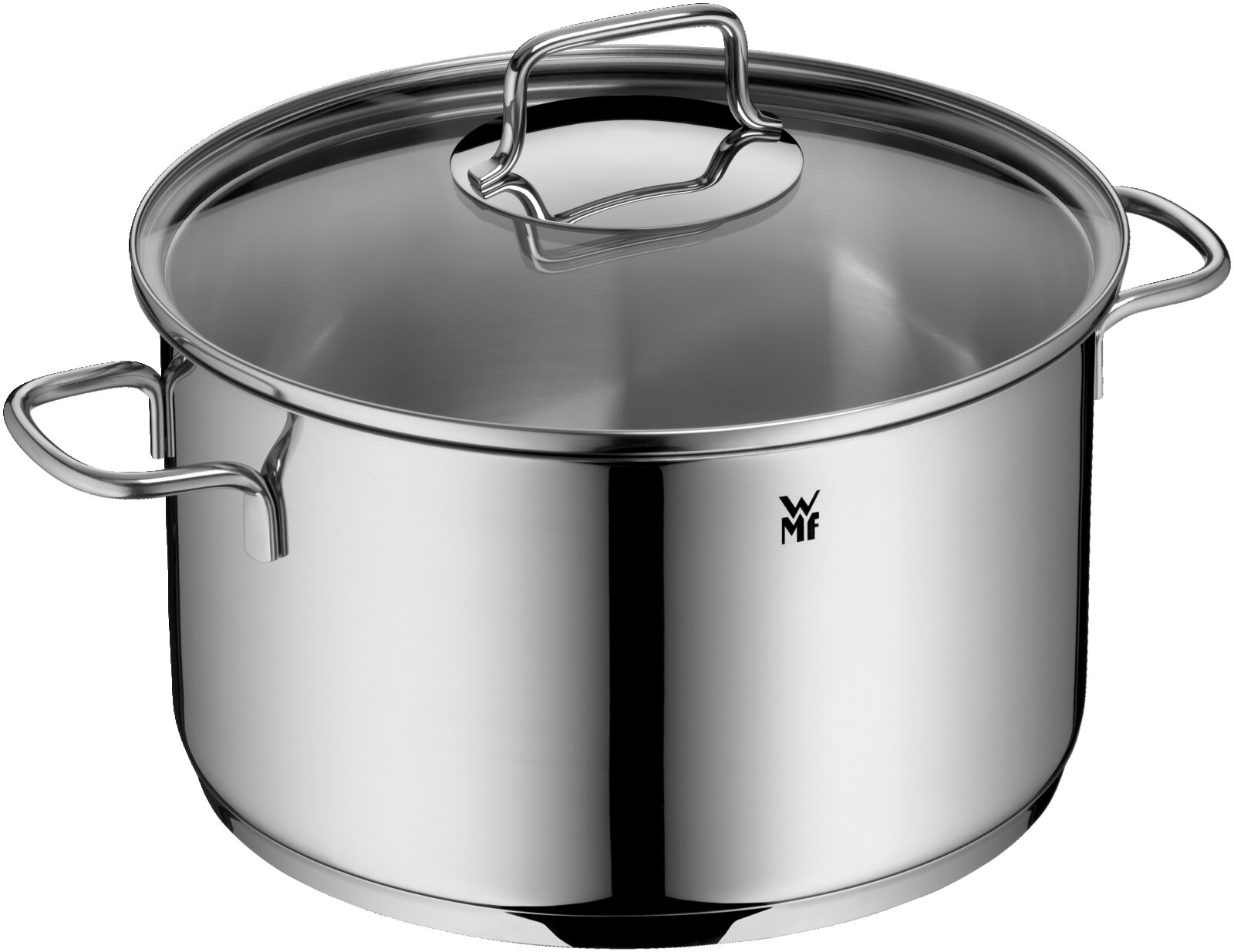 WMF Topfset 4-tlg. ASTORIA Roestvrijstalen kookpan met deksel en twee handgrepen aan de zijkant, WMF-logo aan de voorkant, in een licht schuin vooraanzicht van bovenaf