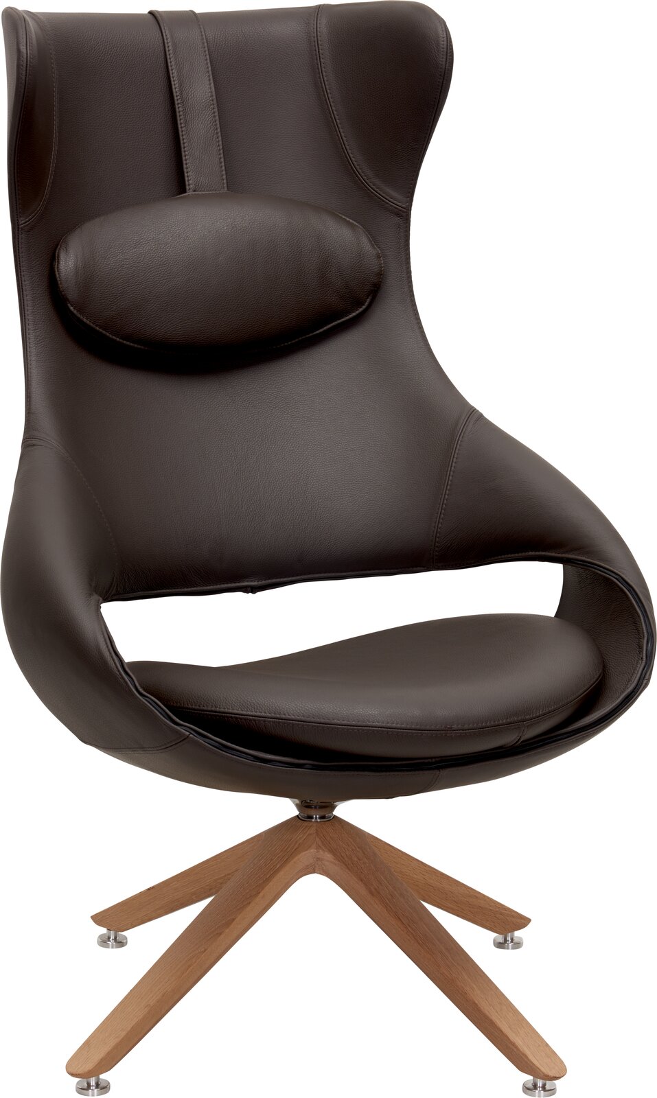 Moderner brauner Ohrensessel mit Holzfuß, seitliche Perspektive