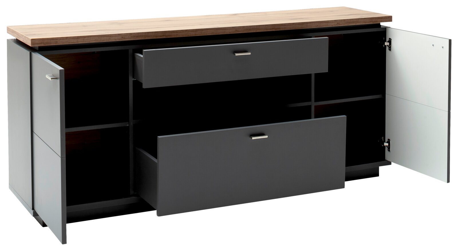 Sideboard mit zwei offenen Schubladen und zwei offenen Türen, Ansicht von vorne