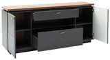 Sideboard mit zwei offenen Schubladen und zwei offenen Türen, Ansicht von vorne