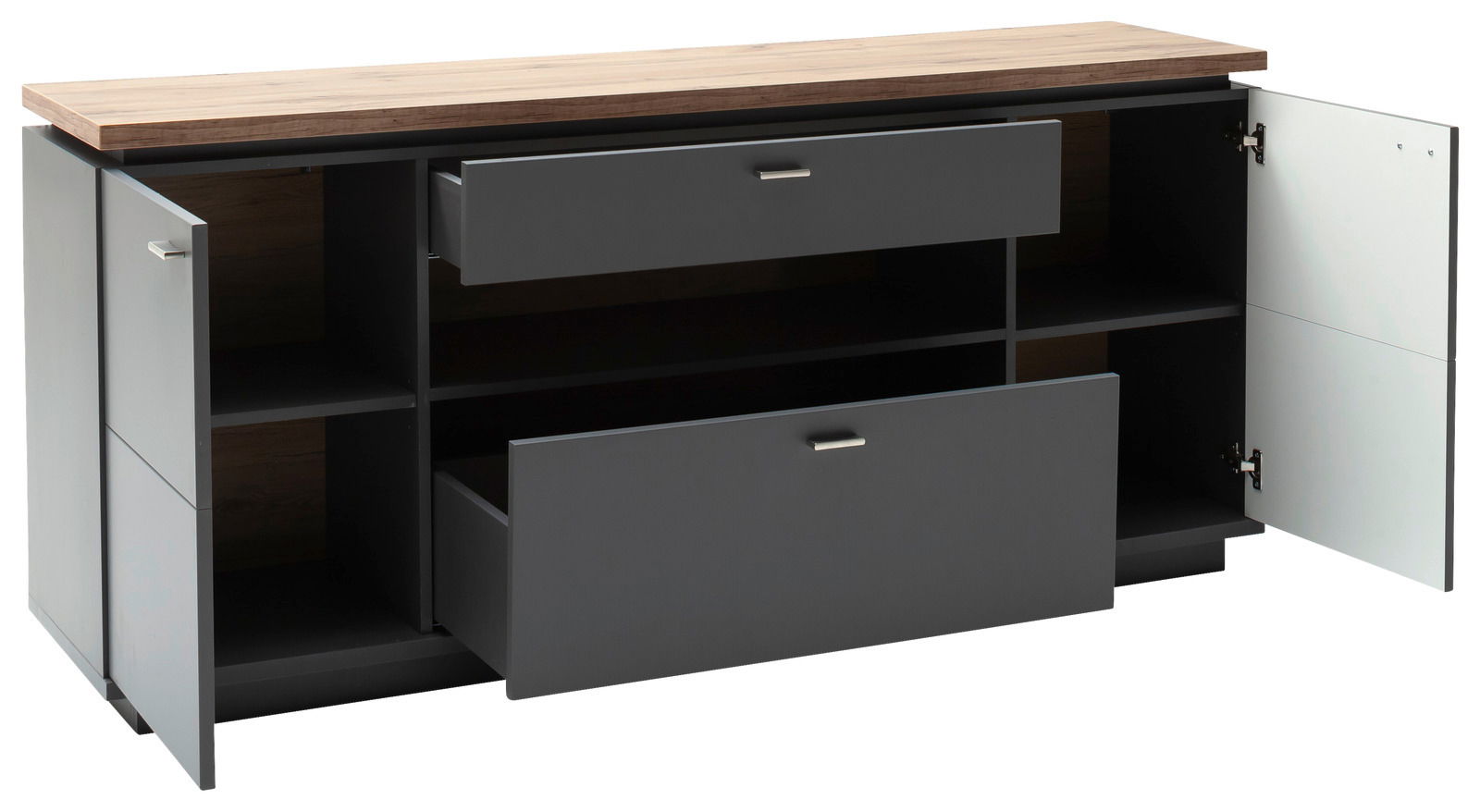 Sideboard mit zwei offenen Schubladen und zwei offenen Türen, Ansicht von vorne