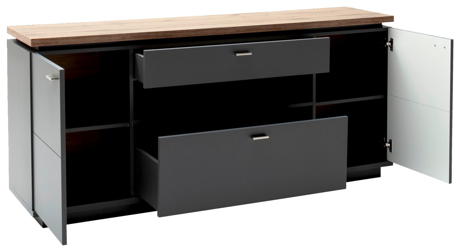 Dressoir met twee open lades en twee open deuren, gezien van voren