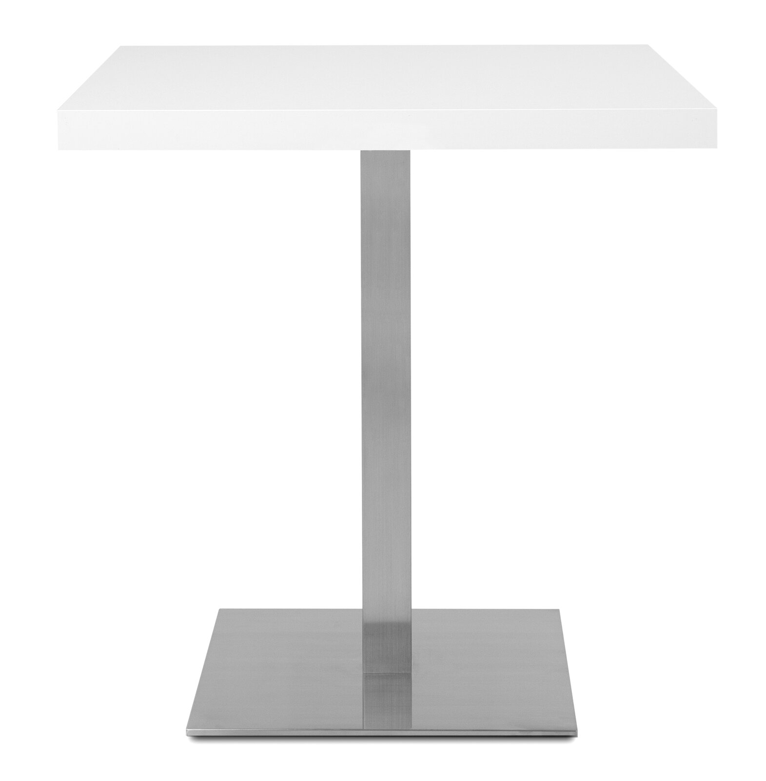 Moderner Esstisch mit weißer Tischplatte und Metallfuß, Frontalansicht