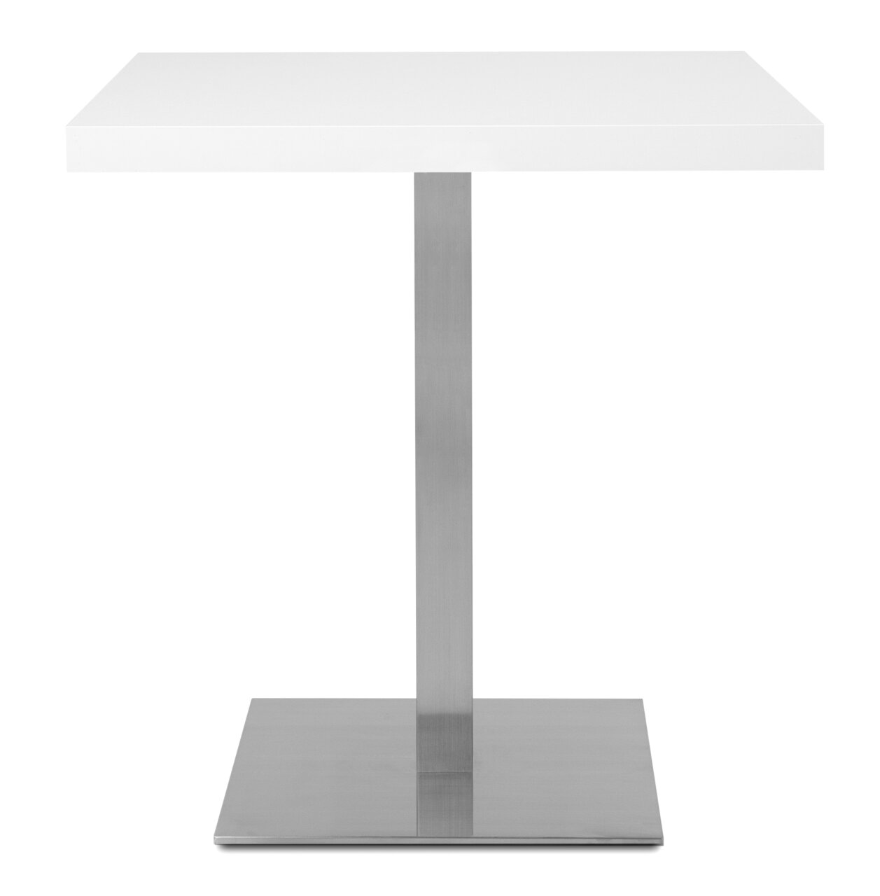 Moderner Esstisch mit weißer Tischplatte und Metallfuß, Frontalansicht