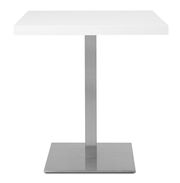 Moderner Esstisch mit weißer Tischplatte und Metallfuß, Frontalansicht