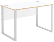 Moderner, schmaler Schreibtisch mit weißer Tischplatte und silbernen Metallbeinen, seitliche Perspektive