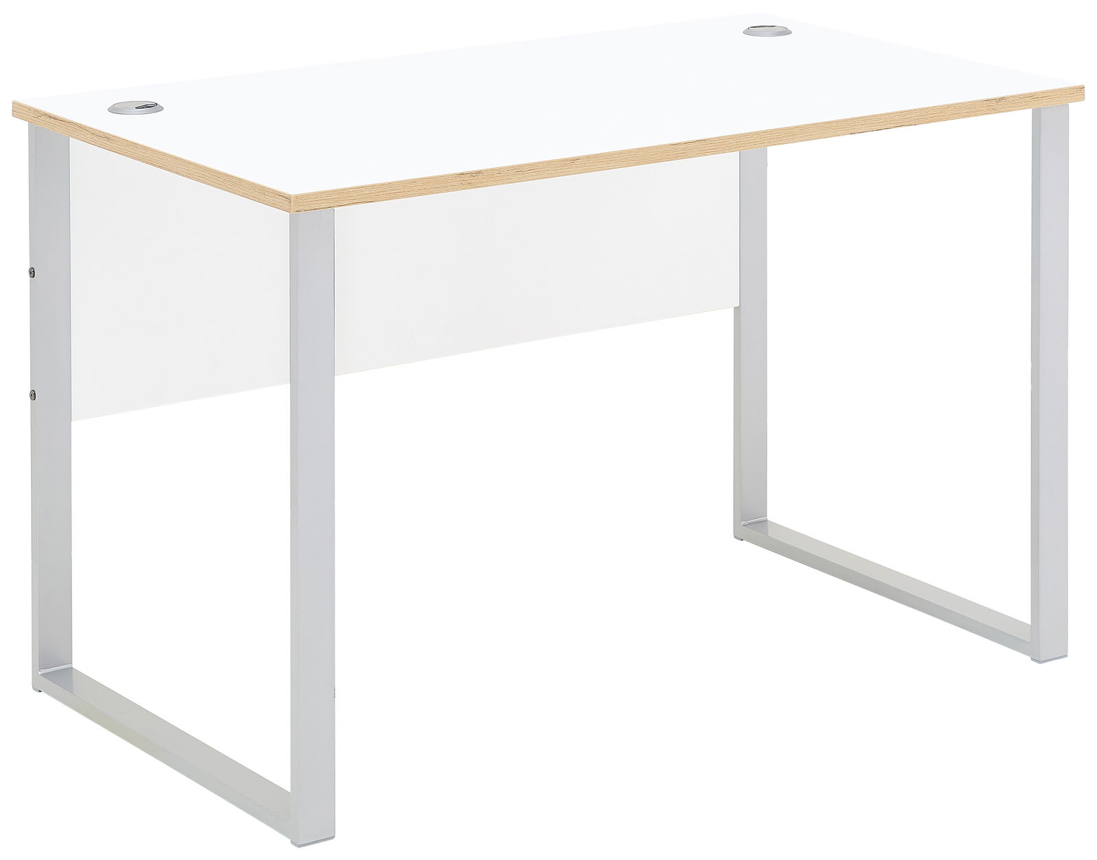 Moderner, schmaler Schreibtisch mit weißer Tischplatte und silbernen Metallbeinen, seitliche Perspektive