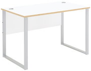 Moderner, schmaler Schreibtisch mit weißer Tischplatte und silbernen Metallbeinen, seitliche Perspektive